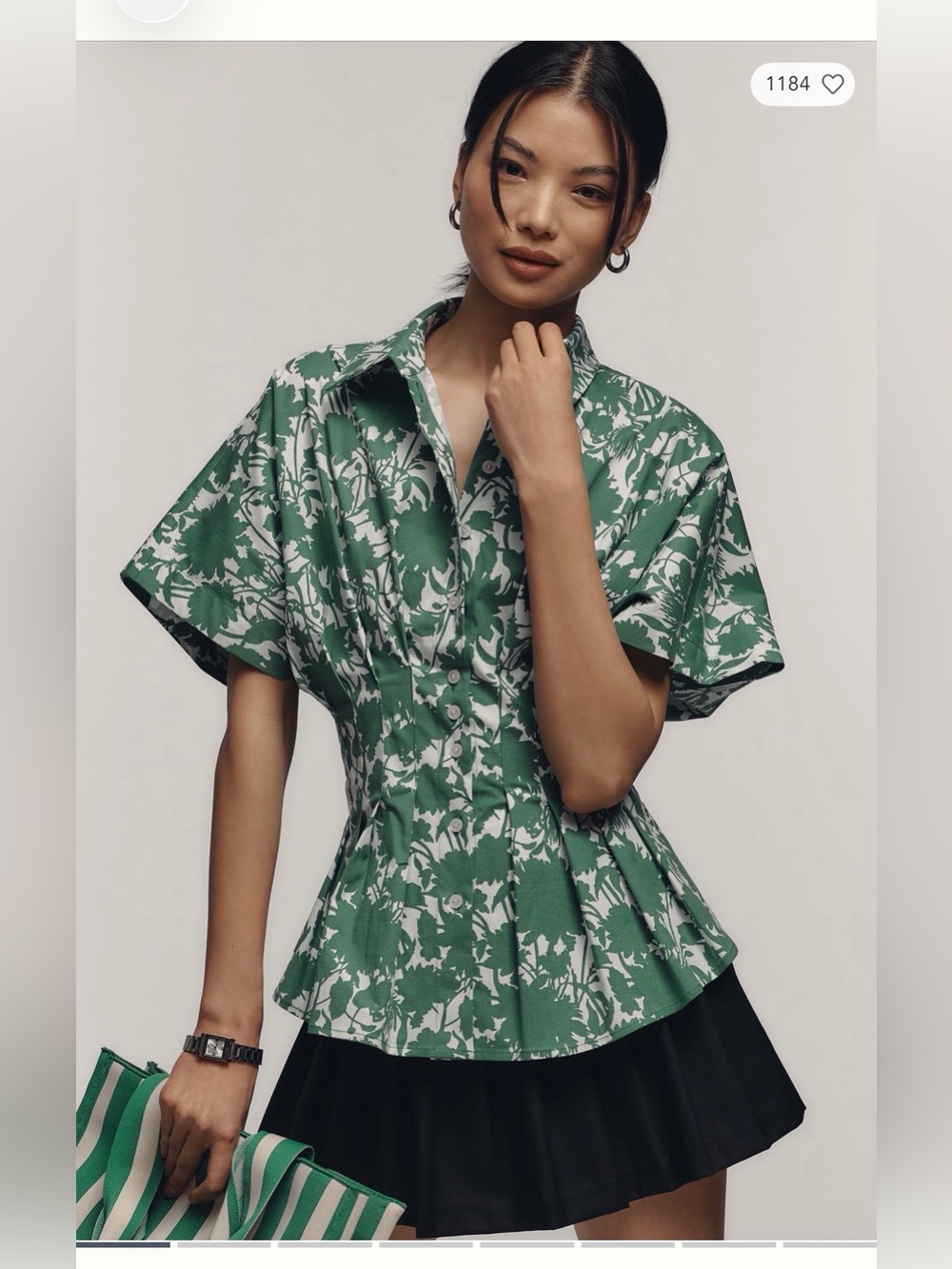 Anthropologie The Tobie Short Sleeve Pleated Blouse By Exquise Green Floral Sz L - Picture 2 of 8